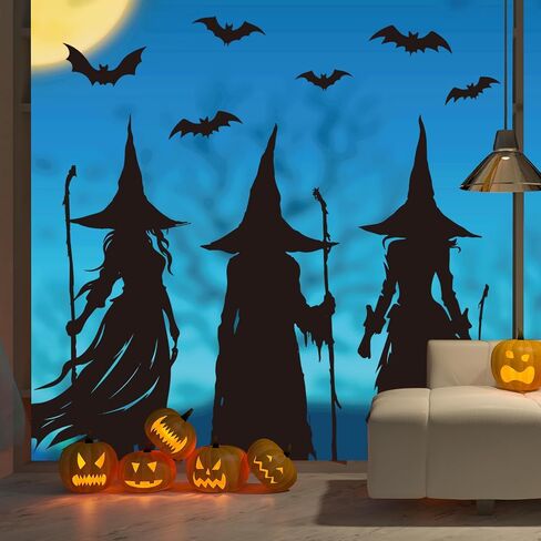 Whaline Extra Large Halloween Window Clings Black Witch Silhouette Window Decals Dark Academia Gothic Style Double-Sided Reusable for Spooky Holiday Home Office School Party Decoration,3 Sheets in Saudi Arabia