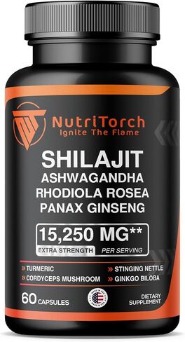 Shilajit Capsules - Supplement with Ashwagandha, Rhodiola Rosea, Panax Ginseng, Turmeric, Cordycep Mushrooms, Ginkgo Biloba - 15250Mg - 60 Capsules in Saudi Arabia