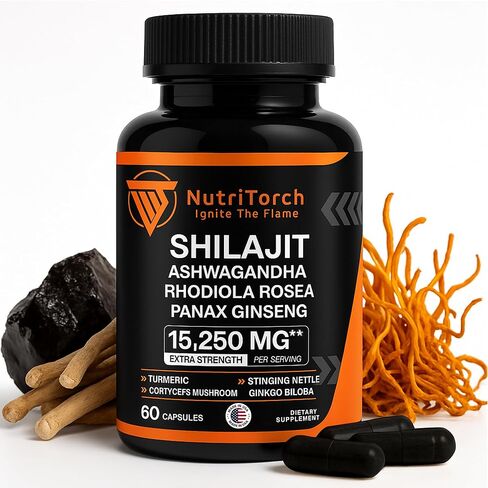Shilajit Capsules - Supplement with Ashwagandha, Rhodiola Rosea, Panax Ginseng, Turmeric, Cordycep Mushrooms, Ginkgo Biloba - 15250Mg - 60 Capsules in Saudi Arabia