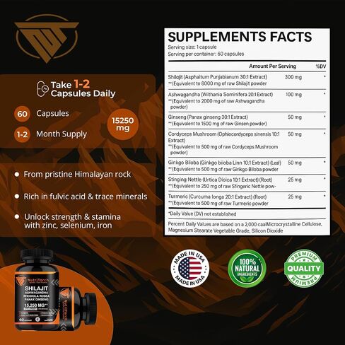 Shilajit Capsules - Supplement with Ashwagandha, Rhodiola Rosea, Panax Ginseng, Turmeric, Cordycep Mushrooms, Ginkgo Biloba - 15250Mg - 60 Capsules in Saudi Arabia