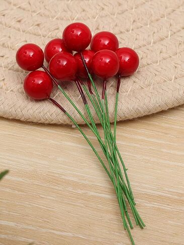 50Pcs Artificial Holly Berries Mini Simulation Cherry Stamen Fake Berry Beads Wedding Party Xmas New Year Home Decors,Red in Saudi Arabia