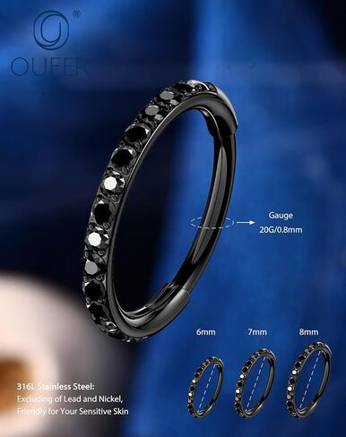OUFER 20g Halloween Nose Rings Hoops, Black Hoop Nose Rings for Women, 316L Surgical Steel Hinged Segment Clicker, Daith Earrings Rook Tragus Helix Lip Piercing Jewelry 6/7/8mm in Saudi Arabia