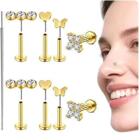 MODRSA Silver Gold Nose Studs Nostril Piercings Threadless Push in Nose Rings Stud L Shaped Surgical Steel Hypoallergenic Flat Back Helix Earrings Screw Studs Crokscrew Nostril Jewelry for Women Men in Saudi Arabia