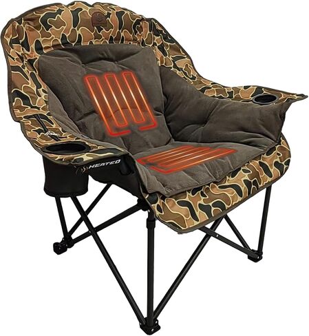 Black Sierra Plush Heated Camping Chair, Oversize XL Outdoor Warming Folding Chair Supports 400 lbs, Heated Back and Seat, Heavy Duty Lounge w/Cup Holders, Battery Included in Saudi Arabia