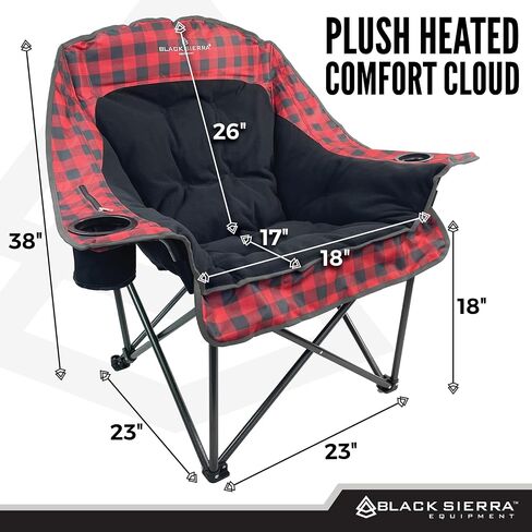 Black Sierra Plush Heated Camping Chair, Oversize XL Outdoor Warming Folding Chair Supports 400 lbs, Heated Back and Seat, Heavy Duty Lounge w/Cup Holders, Battery Included in Saudi Arabia