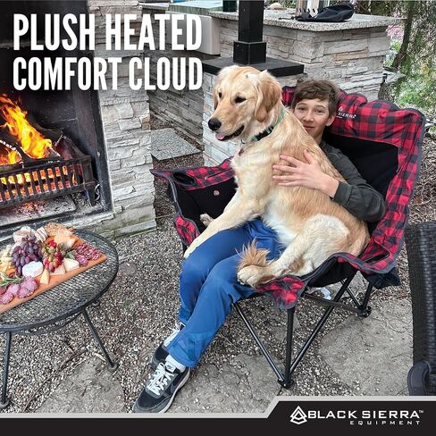 Black Sierra Plush Heated Camping Chair, Oversize XL Outdoor Warming Folding Chair Supports 400 lbs, Heated Back and Seat, Heavy Duty Lounge w/Cup Holders, Battery Included in Saudi Arabia