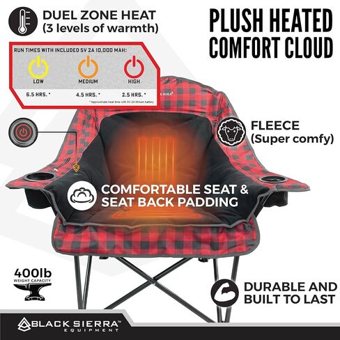 Black Sierra Plush Heated Camping Chair, Oversize XL Outdoor Warming Folding Chair Supports 400 lbs, Heated Back and Seat, Heavy Duty Lounge w/Cup Holders, Battery Included in Saudi Arabia