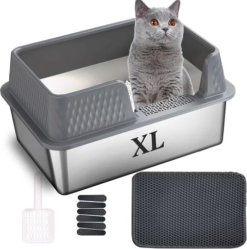 Suhaco Stainless Steel Litter Box with Lid Kitty Black Litter Mat and White Scoop Included Covered Metal High Sided Removable Large Cat Litter Box Enclosure for Medium Cats (Black) in Saudi Arabia