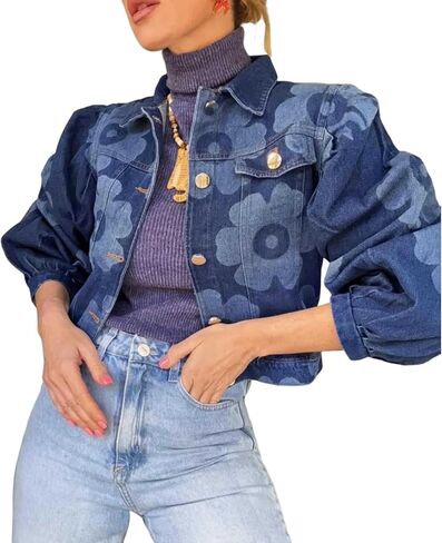 Utcoco Women's Croped Jean Jacket 2025 Fall Fall Outfits Fashion Floral Print Button Down Mort in Saudi Arabia