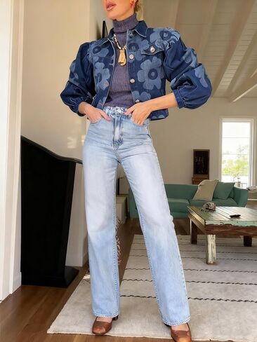 Utcoco Women's Croped Jean Jacket 2025 Fall Fall Outfits Fashion Floral Print Button Down Mort in Saudi Arabia