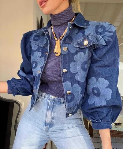 Utcoco Women's Croped Jean Jacket 2025 Fall Fall Outfits Fashion Floral Print Button Down Mort in Saudi Arabia