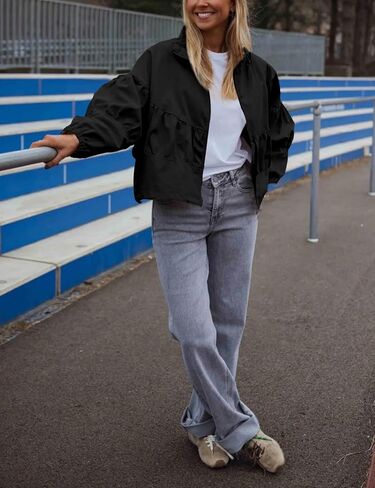 Watashi Women Casual Cropped Jacket Lightweight Zip Up Pleated Bomber Safari Short Jackets Pocketed Fall Utility Anorak Coat in Saudi Arabia