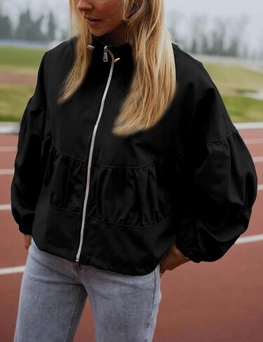 Watashi Women Casual Cropped Jacket Lightweight Zip Up Pleated Bomber Safari Short Jackets Pocketed Fall Utility Anorak Coat in Saudi Arabia