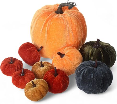 Preboun 10 Pcs Assorted Size Fall Artificial Velvet Pumpkins Decoration Rustic Harvest Fake Pumpkins Decorative Halloween Thanksgiving Decor for Home Farmhouse Kitchen Table Centerpiece(Black) in Saudi Arabia