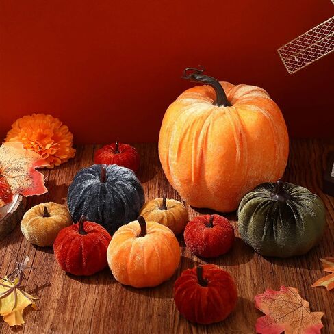 Preboun 10 Pcs Assorted Size Fall Artificial Velvet Pumpkins Decoration Rustic Harvest Fake Pumpkins Decorative Halloween Thanksgiving Decor for Home Farmhouse Kitchen Table Centerpiece(Black) in Saudi Arabia
