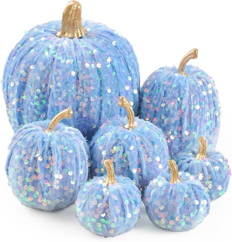 Velvet Pumpkins Fall Decor, 7PCS Artificial Glitter Pumpkins for Halloween Thanksgiving Day Home Centerpieces for Tables Seasonal Holiday Decor (Pink) in Saudi Arabia