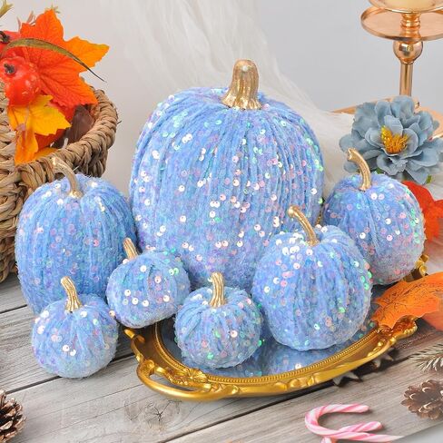Velvet Pumpkins Fall Decor, 7PCS Artificial Glitter Pumpkins for Halloween Thanksgiving Day Home Centerpieces for Tables Seasonal Holiday Decor (Pink) in Saudi Arabia