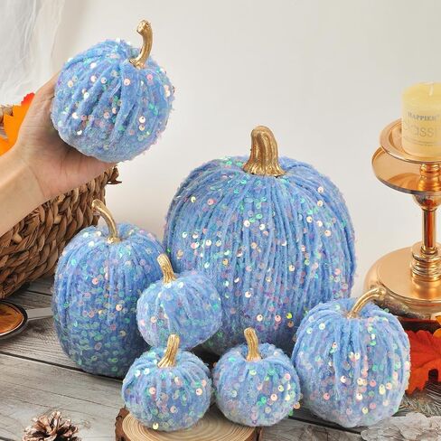 Velvet Pumpkins Fall Decor, 7PCS Artificial Glitter Pumpkins for Halloween Thanksgiving Day Home Centerpieces for Tables Seasonal Holiday Decor (Pink) in Saudi Arabia