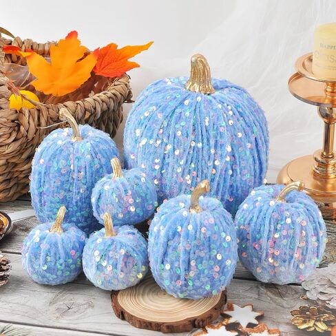 Velvet Pumpkins Fall Decor, 7PCS Artificial Glitter Pumpkins for Halloween Thanksgiving Day Home Centerpieces for Tables Seasonal Holiday Decor (Pink) in Saudi Arabia