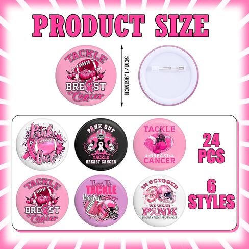 Tondiamo 24 PCS أزرار التوعية بسرطان الثدي دبابيس Pink Football Ribbon Hope Brooch Badge Pins Pink Out Football Games Honor Thoval Cancer For Women Girls Charity Public Event Party in Saudi Arabia