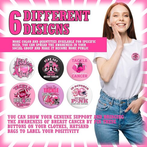Tondiamo 24 PCS أزرار التوعية بسرطان الثدي دبابيس Pink Football Ribbon Hope Brooch Badge Pins Pink Out Football Games Honor Thoval Cancer For Women Girls Charity Public Event Party in Saudi Arabia