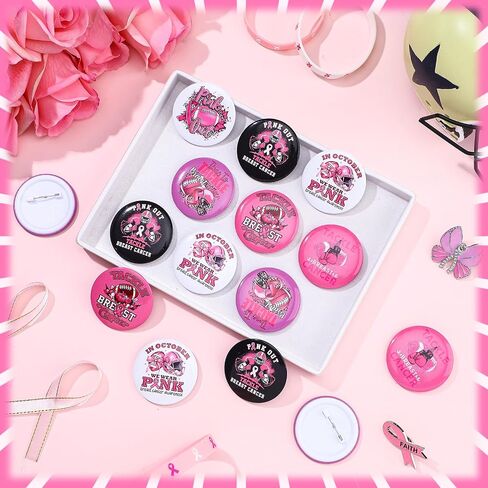 Tondiamo 24 PCS أزرار التوعية بسرطان الثدي دبابيس Pink Football Ribbon Hope Brooch Badge Pins Pink Out Football Games Honor Thoval Cancer For Women Girls Charity Public Event Party in Saudi Arabia