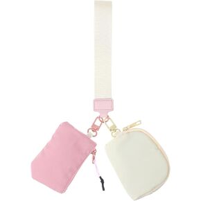 Mini Zip Around Wristlet Wallet for Women, Dual Pouch Keychain Wallet, Compact Organizer for Cards, Coins, And Keys for Travel (White, Pink) in Kuwait