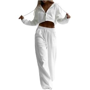 Sweat Suits For Womens 2 Piece Crop Long Sleeve Zip Up Hooded Sweatshirt Jacket Straight Leg Pants Fashion Tractsuits in Saudi Arabia