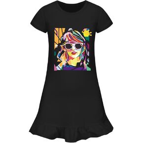 Girl Ruffle Home Dress – Kid Country Music Concert Outfit Pop Art Head Graphic Casual Wear Short Sleeve Fan Clothes in Saudi Arabia