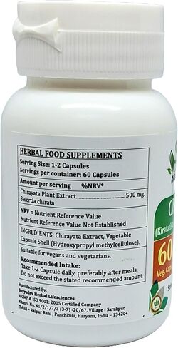 Chirayata Forte Capsule 500 mg. 60 Veg. Capsule | Chirayata (Swertia Chirata) Extract Capsules for Men and Women | Ayurvedic Herbal Supplement/Remedies | 10:1 Forte (2 Bottles of 60 Capsules) in Saudi Arabia