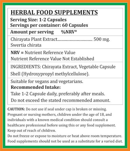 Chirayata Forte Capsule 500 mg. 60 Veg. Capsule | Chirayata (Swertia Chirata) Extract Capsules for Men and Women | Ayurvedic Herbal Supplement/Remedies | 10:1 Forte (2 Bottles of 60 Capsules) in Saudi Arabia