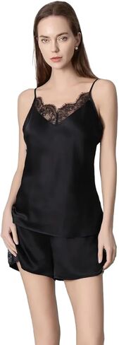 Women Lace V Neck Silk Pajama Set 19 Momme Mulberry Silk Camisole and Shorts Luxury Satin Sleepwear in Saudi Arabia
