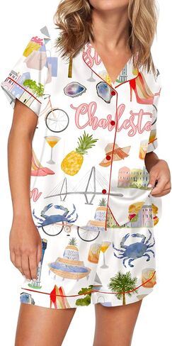 SHESHOW Satin Pajamas for Women Set Satin Button Down Short Sleeve Shirt and Shorts Summer Loungewear Size XS-XXL in Kuwait