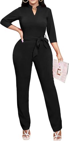 FANDEE Jumpsuits for Women Casual, Long Pants Romper Business Party Elegant 3/4 Sleeve One Piece Outfits with Pockets Belt in Saudi Arabia