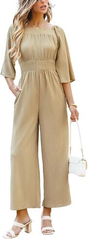 CUPSHE Women's One Piece Jumpsuits Dressy 3/4 Sleeve Square Neck Overalls Wide Leg Pants Rompers Vacation Outfits in Saudi Arabia