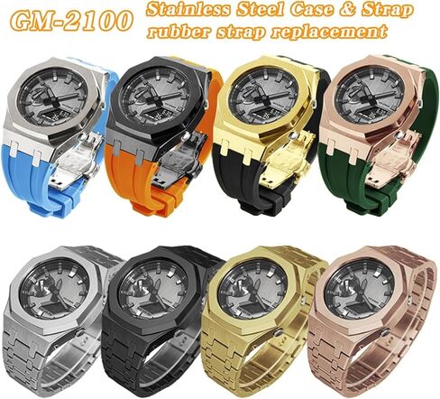Metal Watch Case Bezel Watch Strap+Fluororubber Watch Band Combination Set，For GA2100 GA2110 GAB2100 GM2100 Mod Kit for Watch Full in Saudi Arabia