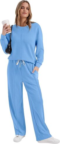 نساء 2 قطعة ، تتبع الأكمام طويلة الأكمام من النوع الثقيل ، ساق واسعة الساق ، ملابس سقوط ، مجموعات السفر in Kuwait