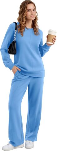 نساء 2 قطعة ، تتبع الأكمام طويلة الأكمام من النوع الثقيل ، ساق واسعة الساق ، ملابس سقوط ، مجموعات السفر in Kuwait