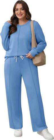 نساء 2 قطعة ، تتبع الأكمام طويلة الأكمام من النوع الثقيل ، ساق واسعة الساق ، ملابس سقوط ، مجموعات السفر in Kuwait