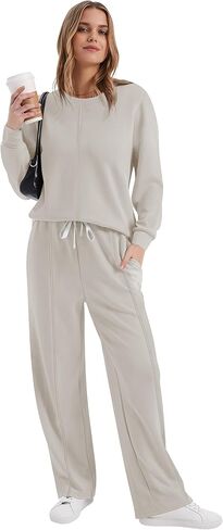 Women's 2 Piece Tracksuit Long Sleeve Crewneck Sweatshirts Wide Leg Sweatpant Casual Fall Outfits Travel Sets in Saudi Arabia