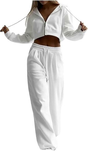Sweat Suits For Womens 2 Piece Crop Long Sleeve Zip Up Hooded Sweatshirt Jacket Straight Leg Pants Fashion Tractsuits in Saudi Arabia