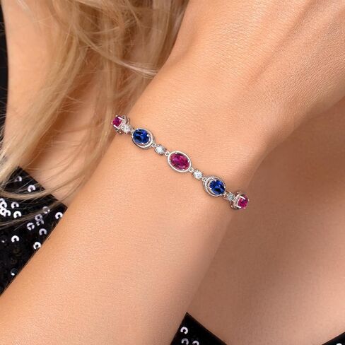 Gem Stone King 925 Sterling Silver Red Created Ruby and Blue Created Sapphire Bracelet For Women | 4.55 Cttw | Oval 7X5MM | Bollo Bracelet | Fully Adjustable Up to 9 Inch | Easy-On Easy-Off in Saudi Arabia