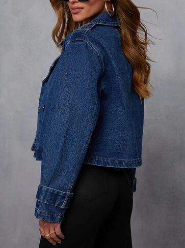 Womens Cropped Double Breasted Denim Trench Coat Vintage Notched Collar Work Office Crop Jean Jacket Belted Cuffs in Saudi Arabia