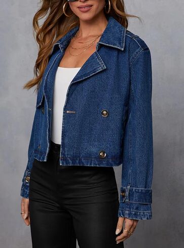 Womens Cropped Double Breasted Denim Trench Coat Vintage Notched Collar Work Office Crop Jean Jacket Belted Cuffs in Saudi Arabia