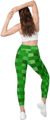 Green Building Blocks Miner Creep Pattern All Over Print Leggings with Pockets in Saudi Arabia