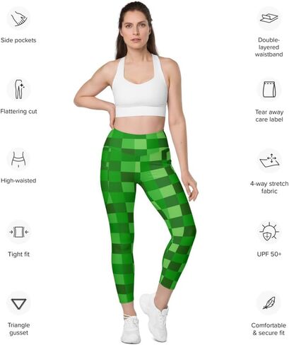 Green Building Blocks Miner Creep Pattern All Over Print Leggings with Pockets in Saudi Arabia