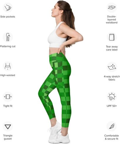 Green Building Blocks Miner Creep Pattern All Over Print Leggings with Pockets in Saudi Arabia