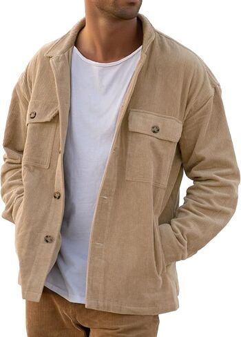 أكواخ Plepan Men's Corduroy مع 4 جيوب (صدر وميل جانبي) زر أسفل سترات العمل غير الرسمية قميص طويل الأكمام in Kuwait