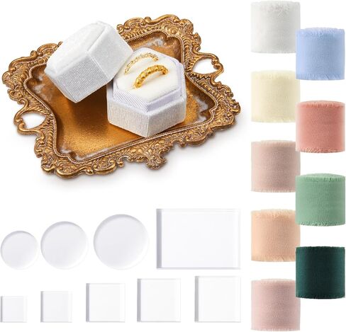 20 Pcs Flat Lay Props Set Include 1 Jewelry Tray Vintage Decor 9 Acrylic Display Block 9 Wedding Chiffon Silk Ribbon with Velvet Jewelry Ring Box for Bridal Party Wedding Photographer Props in Saudi Arabia