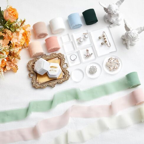 20 Pcs Flat Lay Props Set Include 1 Jewelry Tray Vintage Decor 9 Acrylic Display Block 9 Wedding Chiffon Silk Ribbon with Velvet Jewelry Ring Box for Bridal Party Wedding Photographer Props in Saudi Arabia